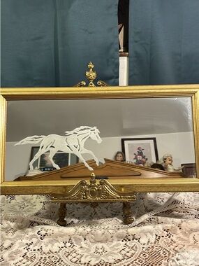 Gold Framed Horse Motif Wall Mirror - White Horse Accent